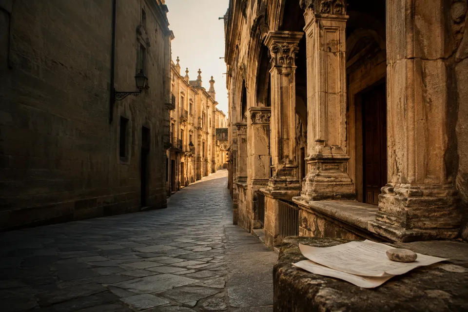 Generated illustration for Lazarillo: a stone street and two pages.